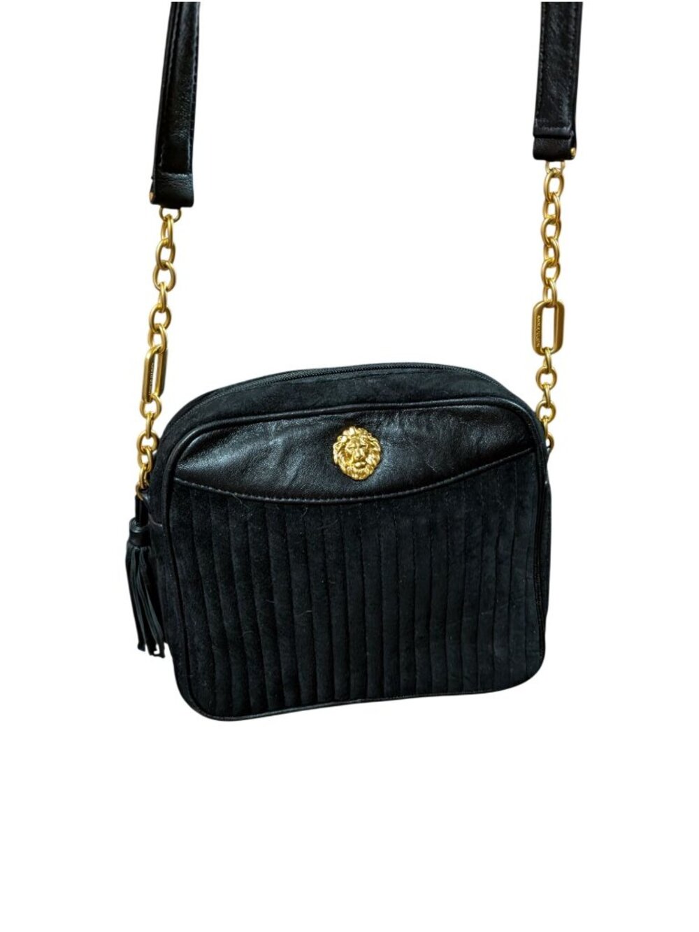 VTG Anne Klein Black Suede & Leather Crossbody Bag With Gold Chain Strap & Lion